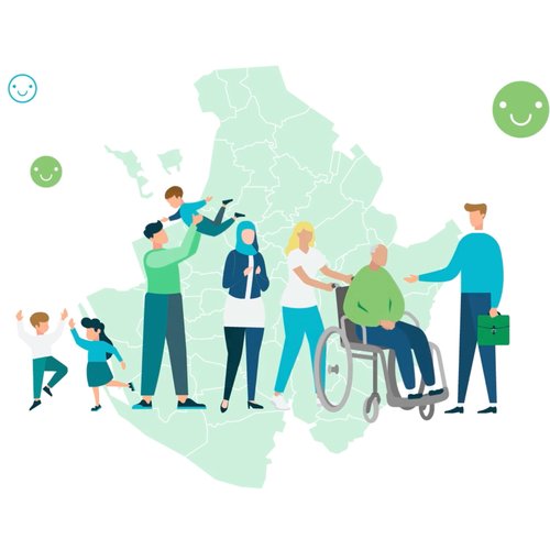 Illustration mehrerer Menschen vor einer Landkarte 